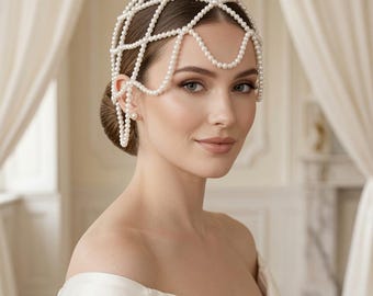 Pearl Bridal Headpiece – Wedding Pearl Hair Chain – Elegant Pearl Forehead Headpiece – Bridal Hair Jewelry – Romantic Wedding Hair Accessory