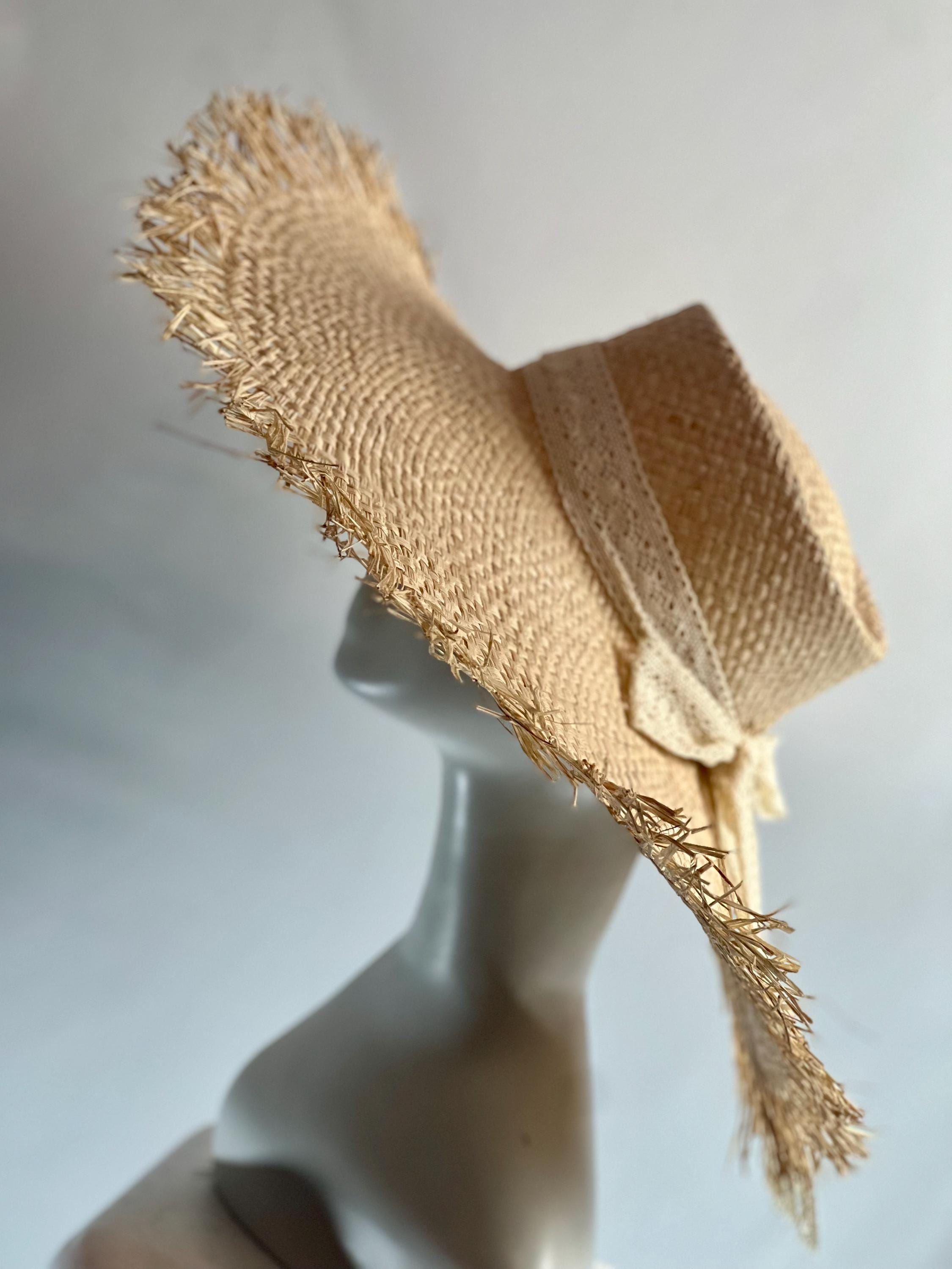 Barneys New York Raffia Straw Hat Wide Brim Frayed Edge Boho Summer Beach Verified Supplier Frayed Raffia Straw Hat Ribbon Bow Adds  main image 2