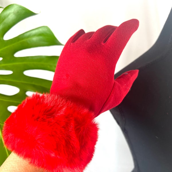 HOT RED Faux Fur Cuff Finger Gloves With Touch Screen Function Freely Using iPhone iPad Hand Wear Warm Gloves