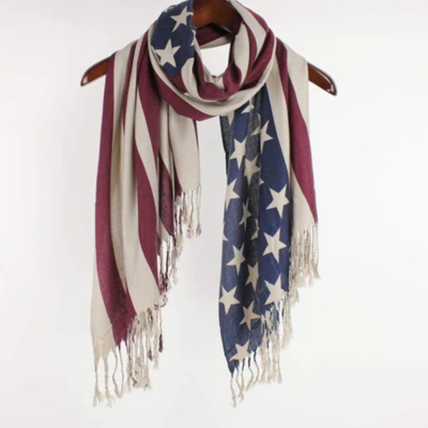 Vintage American Flag Pashmina Scarf  Elegant Stars and Stripes Design  Fringed Scarf  SOL24A049