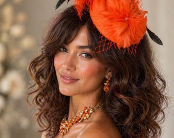 Orange Feather Fascinator Hat, Floral Accent, Elegant Cocktail, Wedding Guest