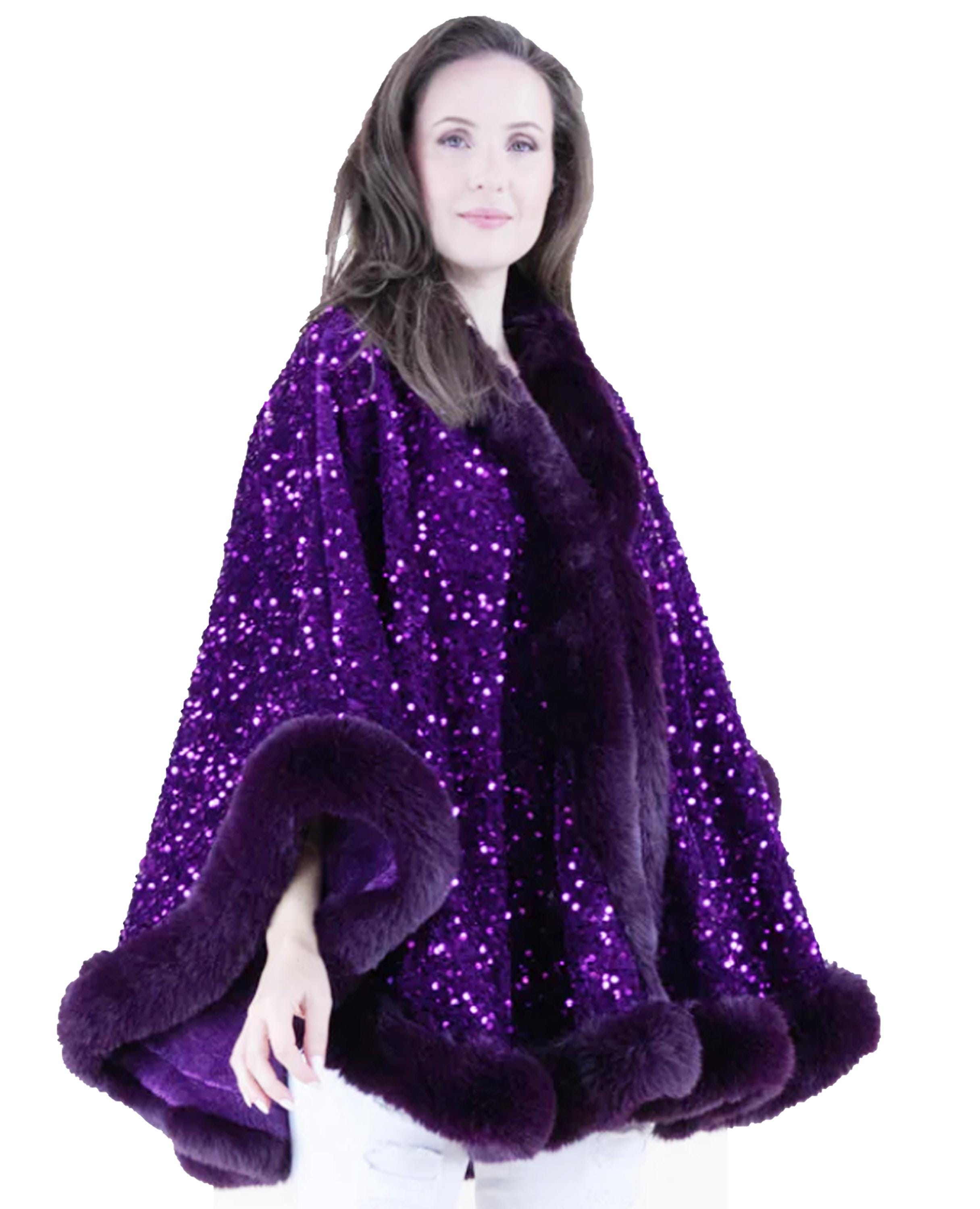 Purple Sequin Cape: Faux Fur Trim Evening Wrap - Etsy display picture 1