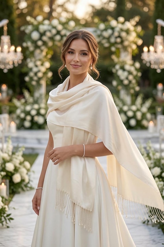 Warm Ivory Pashmina Scarf - Soft Wedding Shawl - Elegant Bridal Wrap - Tassel Evening Stole - Cozy Formal Scarf