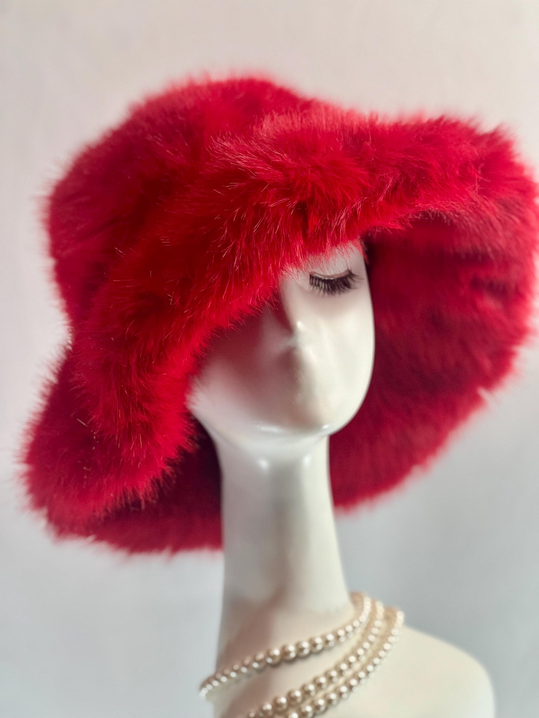 HAND CRAFTED Hat Crochet Bucket Teddy Faux Fur Winter Full Ruffle Red Burgundy First item off the hook for 2024! The Crochet Ruffle Bucket  main image 4