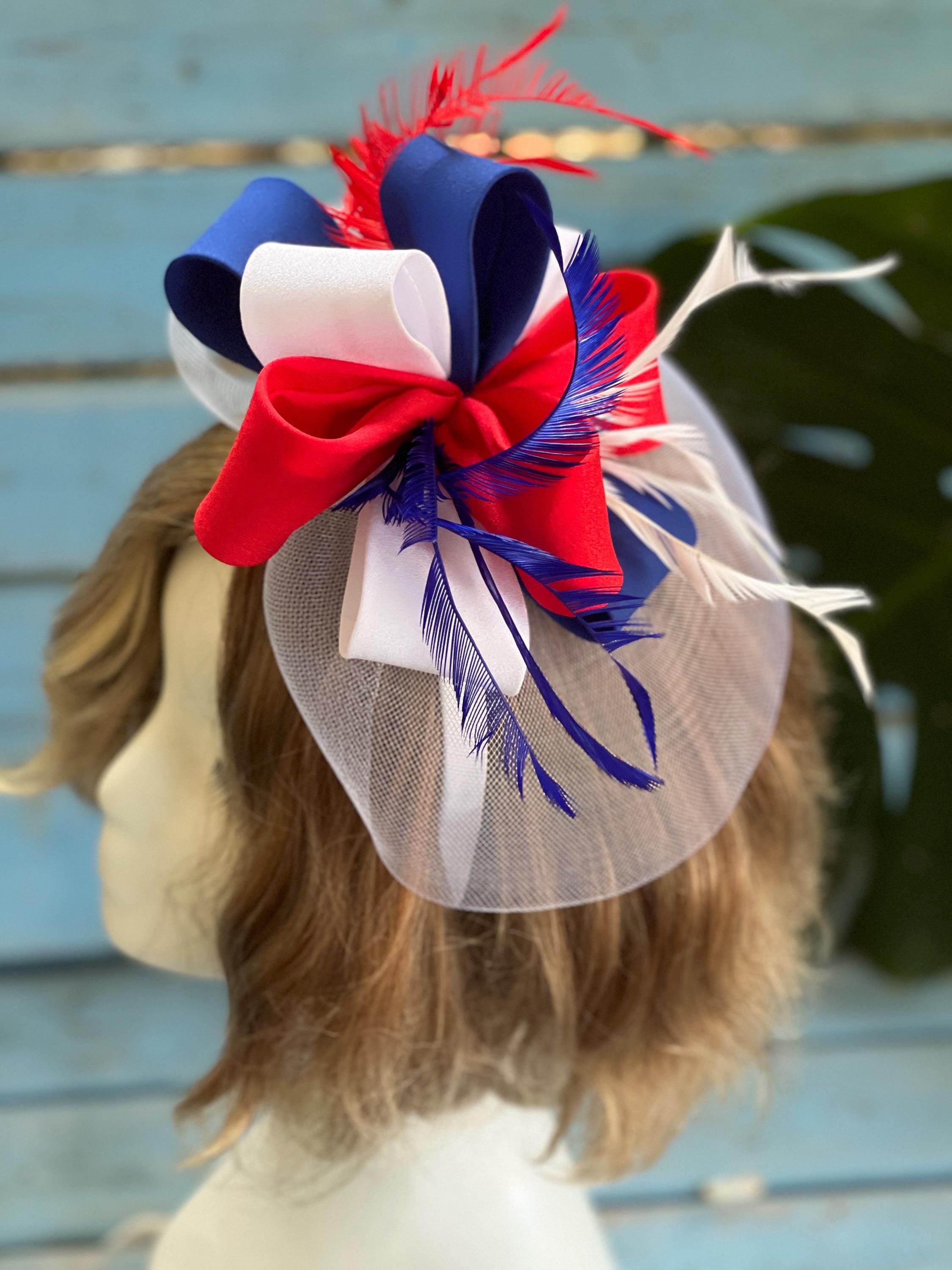 Elegant Red White Blue Dotted Feathers Fascinator 3pc Headband Clip Patriotic Red White and Blue Fascinator Couture Kentucky Derby Hat  main image 2