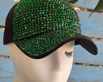 Emerald Green Floral Baseball Cap: Rhinestone Sequin Sun Hat  display picture 1