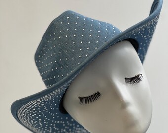 Blue Rhinestone Western Denim Hat | Sparkly Cowgirl Wide  display picture 2