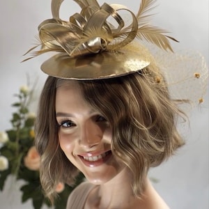 green emerald velvet dress Metallic Gold Disc Fascinator for Weddings, Events & The Races
