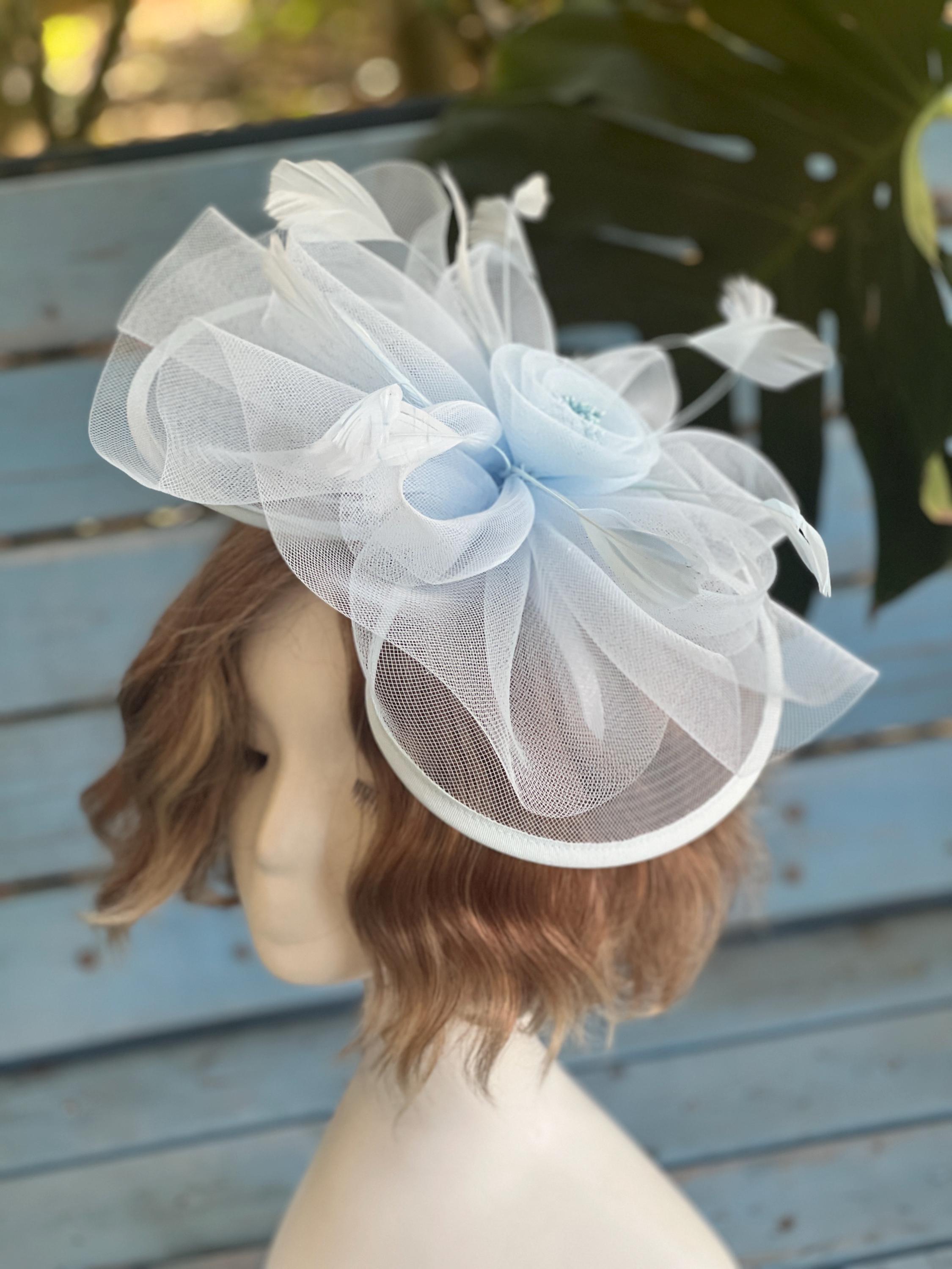 Reversible fascinator, feathers, flowers, baby blue, white, Derby, Tea Party Light Blue Derby Fascinator Hat, Big Kentucky Derby Hat  main image 2