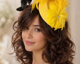 Feather Fascinator Hat, Floral Accent, Cocktail, Wedding Guest, Church Headpiece