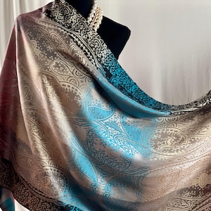 Blue Pink Elegance Floral Pashmina Scarf Wedding Shawl Elegant Reversible Shawl Wrap Luxury Multi-Tone Soft Scarf Fringe Formal Casual Wear