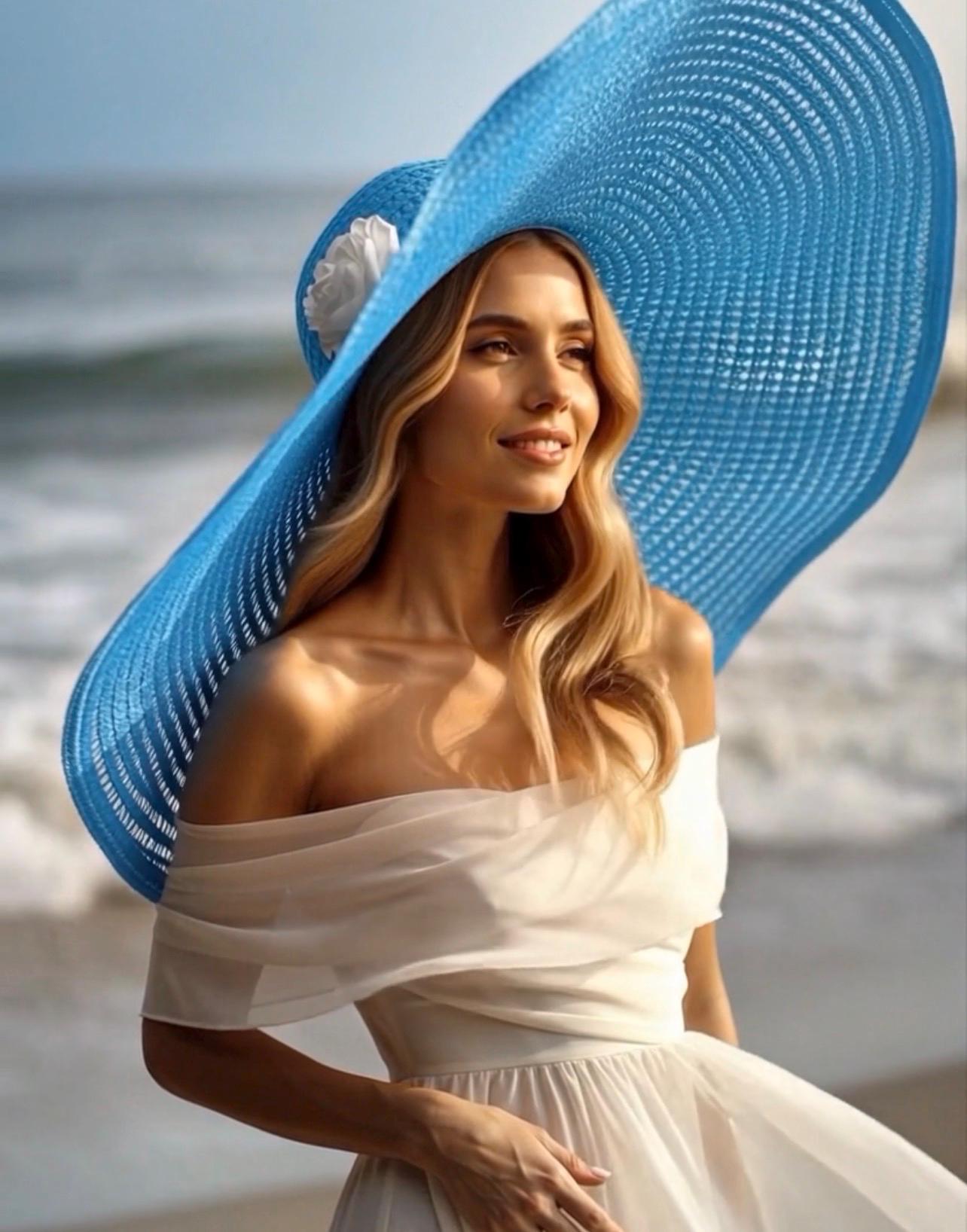 Blue Raffia Sun Hat: Wide Brim, Floral Accent, Travel 
