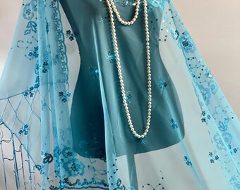 Sky Blue Sequin Evening Wrap: Floral Tassel Scarf