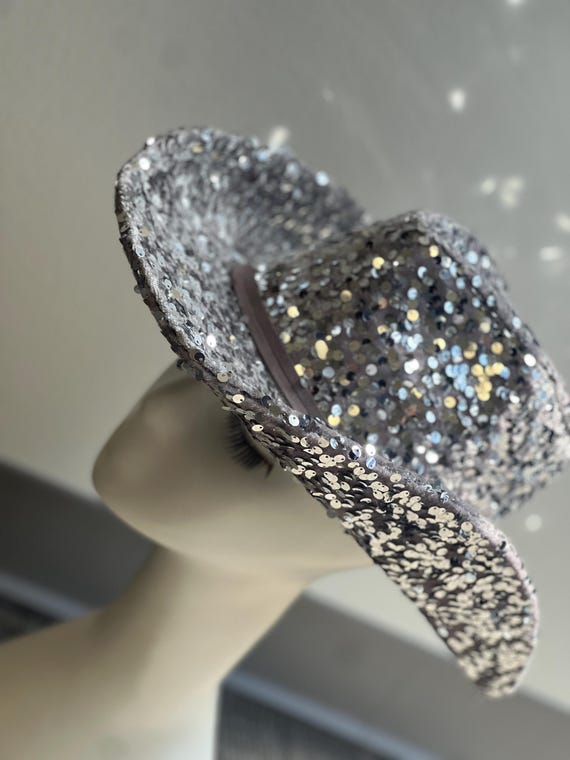 Silver Sequin Cowboy Hat: Unisex Disco Western Glam  display picture 2