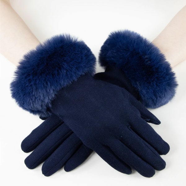 NAVY BLUE Gloves Faux Fur Cuff Finger Gloves With Touch Screen Function Freely Using Iphone Ipad Hand Wear Warm Gloves