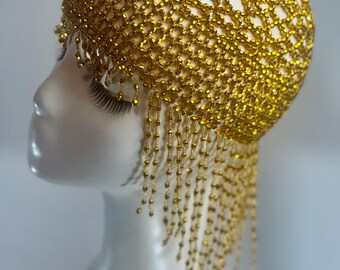 Black Beaded Mesh Headpiece Bead Cap Cleopatra Costume Mardi  display picture 1