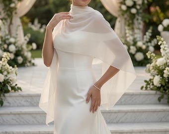 White Silky Wedding Scarf – Bridal Shawl Wrap – Lightweight Sheer Evening Stole – Elegant Wedding Scarf – 28” x 68”