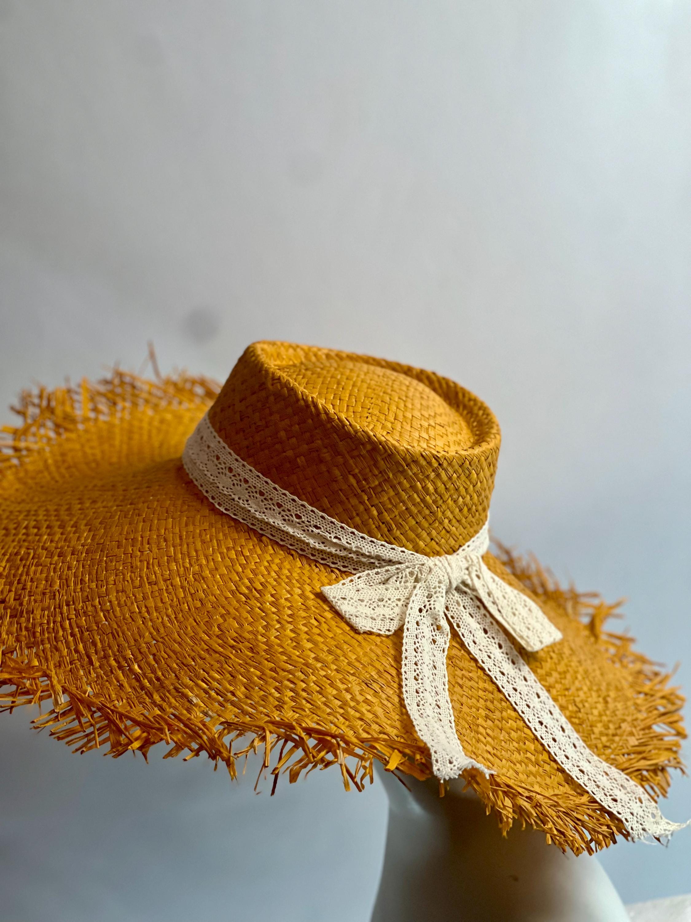 Yellow Raffia Sun Hat: Frayed Wide Brim With Lace Ribbon - Etsy