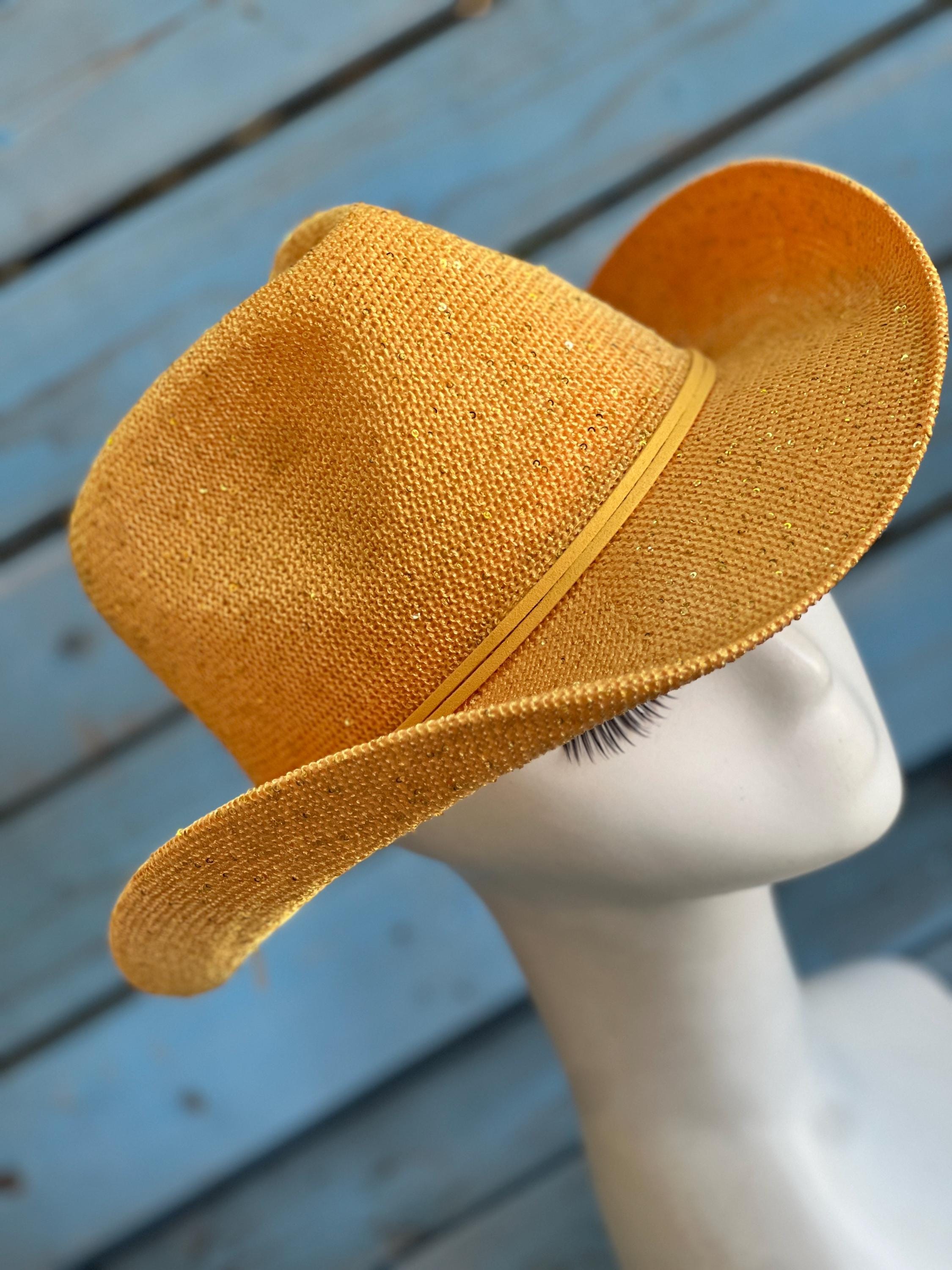 rhinestone blingedout western fedora hat in a mustard color Sandy Golden Turquoise Beach Cowboy Hat - Shell Band Gold  main image 3