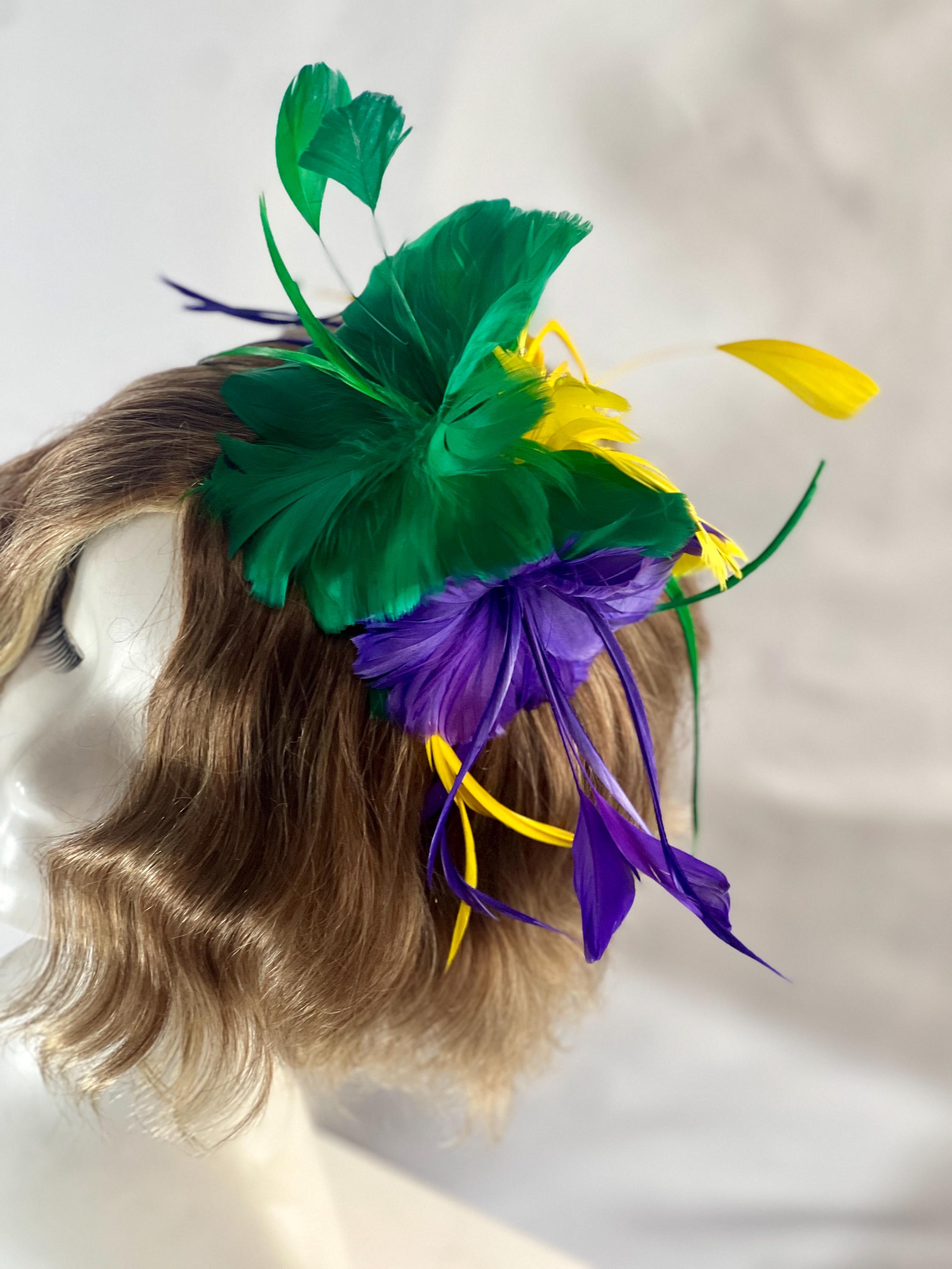 8273 Mardi Gras Carnival Satin Flower Fascinator Hat, Women Feather Anything can happen with ✨four feet of feathers✨ on your  main image 3