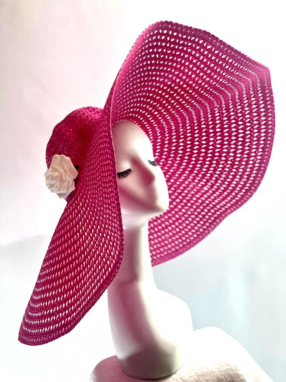 Pink Woven Raffia Pointed Straw Sun Hat Pink Raffia Sun Hat: Wide Brim Floral Beach Hat - Etsy main image 4