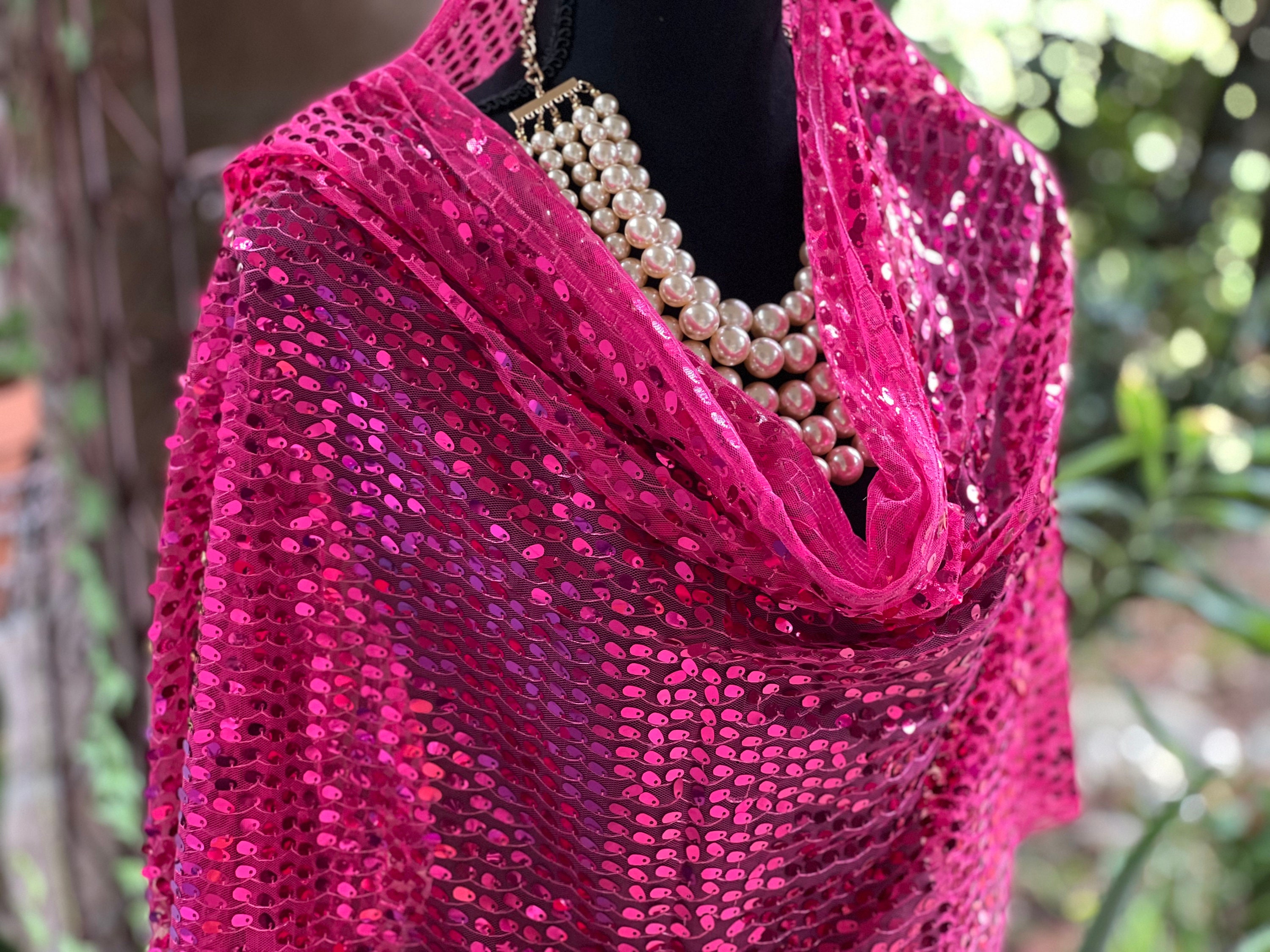 Fuchsia Sequin Tassel Fringe Scarf - Elegant Evening Wedding
