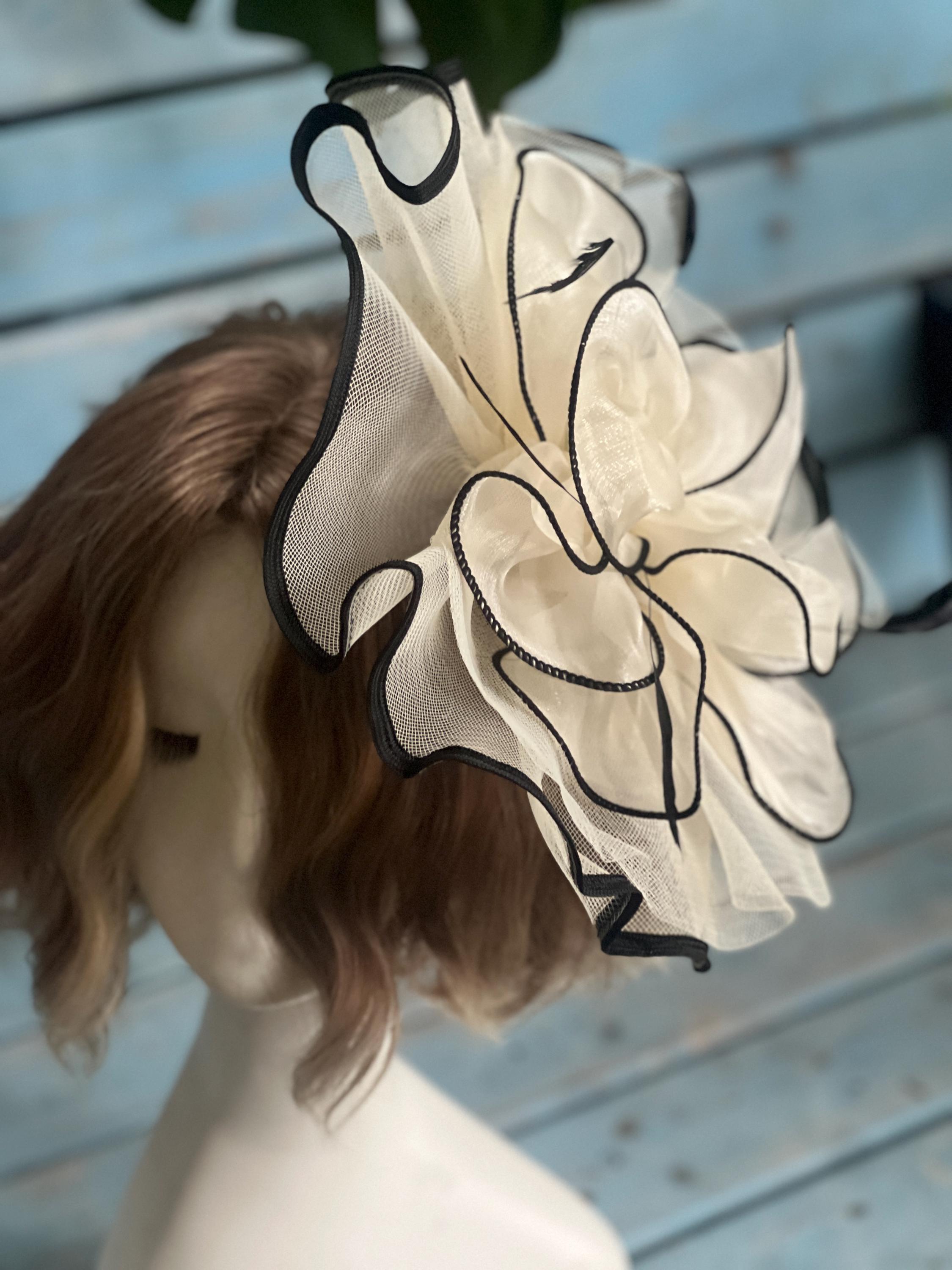 Ivory and Black Fascinator Hat – Elegant Flower Mesh  display picture 1