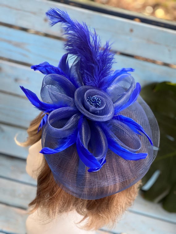 Royal Blue Feather Fascinator: Elegant Tea Party Headpiece 