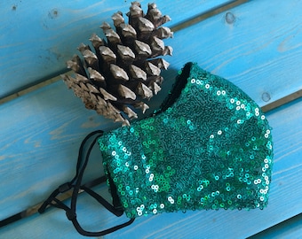 Emerald Green Sequin Mask - Bling Sparkly 3-Layer Protection Adjustable Elastic Ear Loops Adult Size