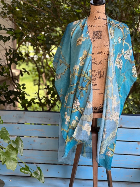 Kimono ALMOND BLOSSOM de Van Gogh. Mode femme demi-manche. Cadeau Van Gogh