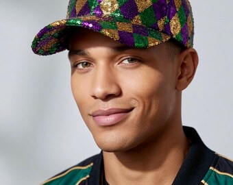 Mardi Gras Sequin Baseball Cap – Harlequin Pattern