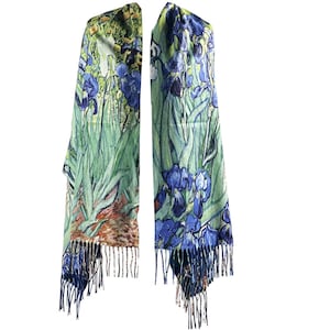 Artful Irises Van Gogh Print Shawl Irires Floral Silk Scarf - Vibrant Blue Iris Design  Luxurious Accessory  Scarf