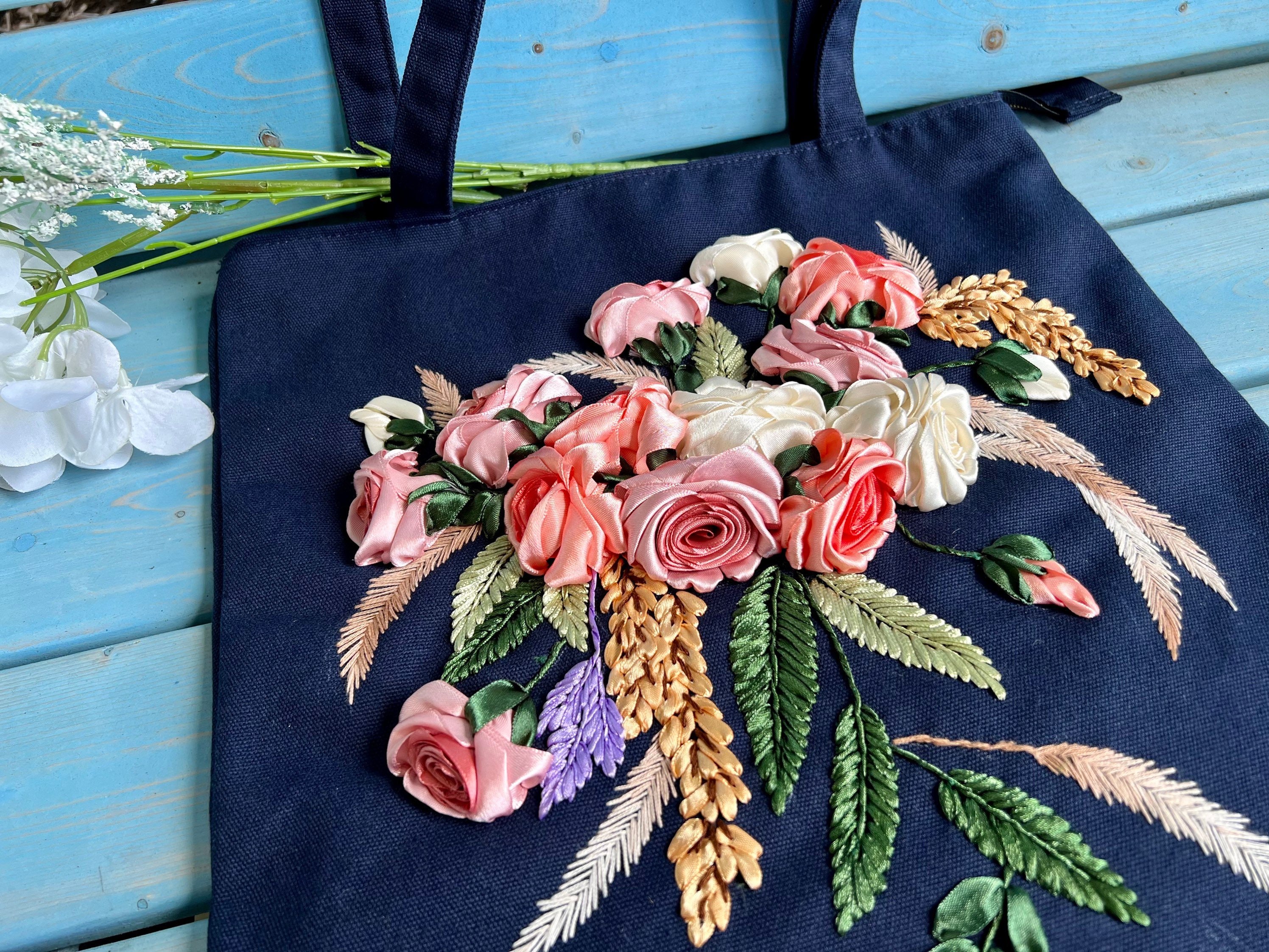 Embroidered Ribbon Detail Brown Tote Backpack Hand Embroidery Ribbon Floral Jute Vintage Handbag Women  main image 4