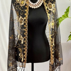 Black Gold Elegant Evening Wrap with Golden Floral Embroidery Perfect for Special Occasions and Festive Gatherings | SOL24A311