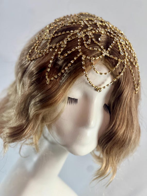 Couture Gold Rhinestone Fringe Headpiece Amazon.com : NAISKA 1920s Headpieces Rhinestone Mesh Cap  main image 3