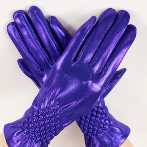 BLUE Metallic Glam Party Gloves  Shimmering Ruched Wrist Detail Eye-Catching Gloves with Glossy Finish Elegant Ruched Wrist Details