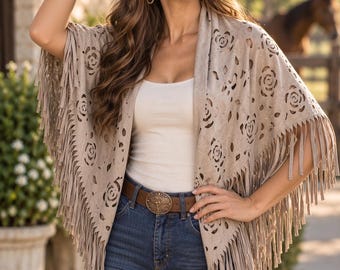 Taupe Western Triangle Suede Fringe Scarf – Laser Cut Floral Faux Suede Cowgirl Neck Scarf – Rodeo Western Shawl – Country Concert Gift