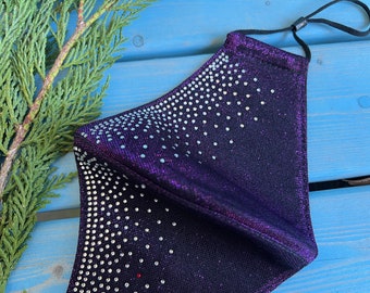 Bling Glitter Rhinestones Eggplant Purple mask. Bling sparkly purple masks. 3 layer protection, adjustable elastic ear loops. Adult size