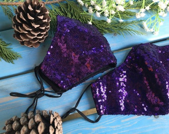 Sparkling Purple Sequin Mask - Triple-Layered with Adjustable Ear Loops - Adult Size TM