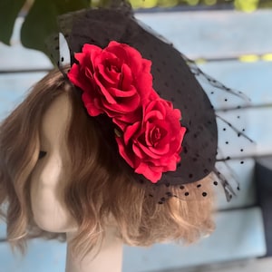 Red Rose Fascinator Hat: Black Veil Headpiece, Derby Tea Party