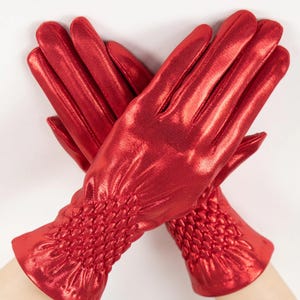 RED Metallic Glam Party Gloves  Shimmering Ruched Wrist Detail Eye-Catching Gloves with Glossy Finish Elegant Ruched Wrist Details