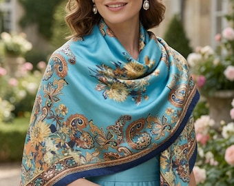 Blauer Blumen-Satin-Schal | Vintage orientalische Design, seidiger Schal