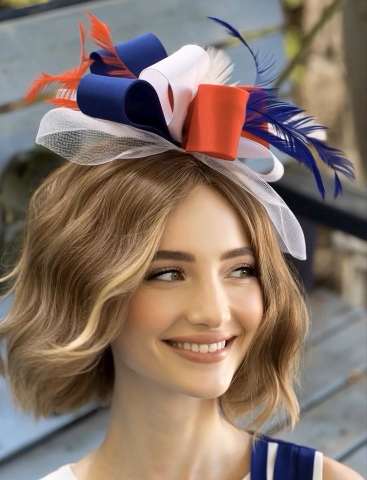 Women\'s Statement Feather Fascinator Hat in Blue and Red Red, Navy Blue and White Medium Feather Fascinator Hat  main image 4