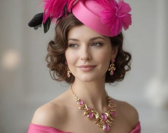 Hot Pink Feather Fascinator Hat, Floral Accent, Cocktail, Wedding Guest, Church