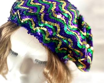 Mardi Gras Sequin Beret: Purple, Green & Gold Carnival Hat