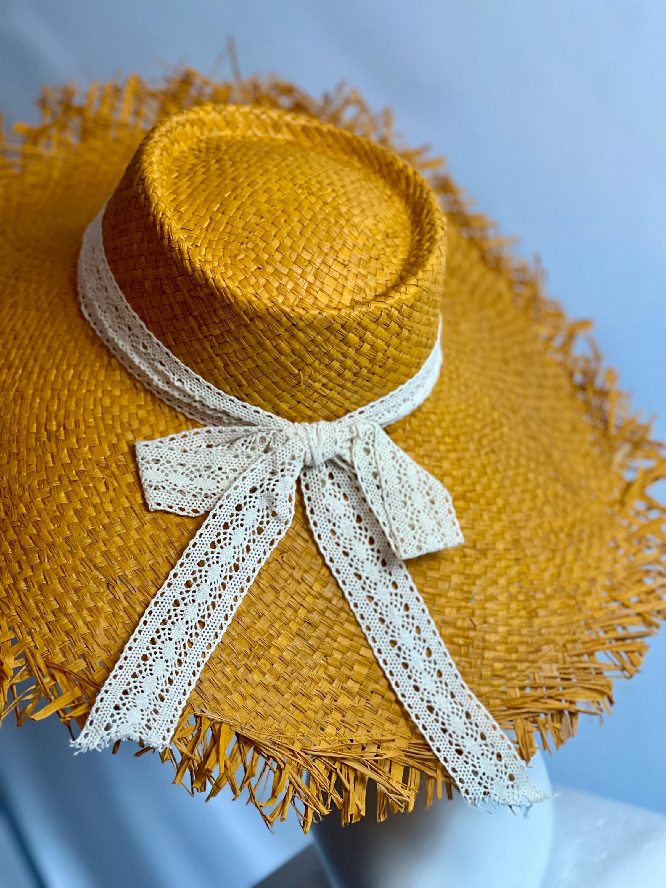 Yellow Raffia Sun Hat: Frayed Wide Brim With Lace Ribbon - Etsy