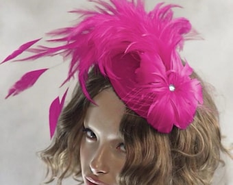 Hot Pink Feather Fascinator Hat, Floral Accent, Cocktail, Wedding Guest, Church