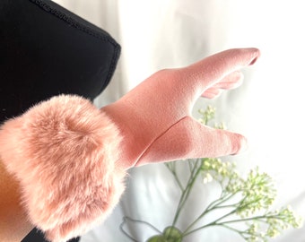 Rose Pink Touch Screen Faux Fur Cuff Gloves for iPhone  iPad - Warm Hand Wear