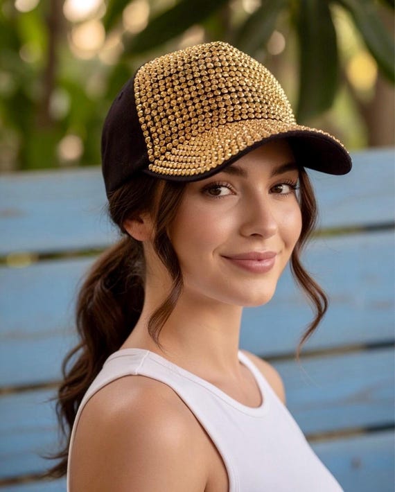 Gold Rhinestone Baseball Cap: Unisex Sparkly Bling Festival 