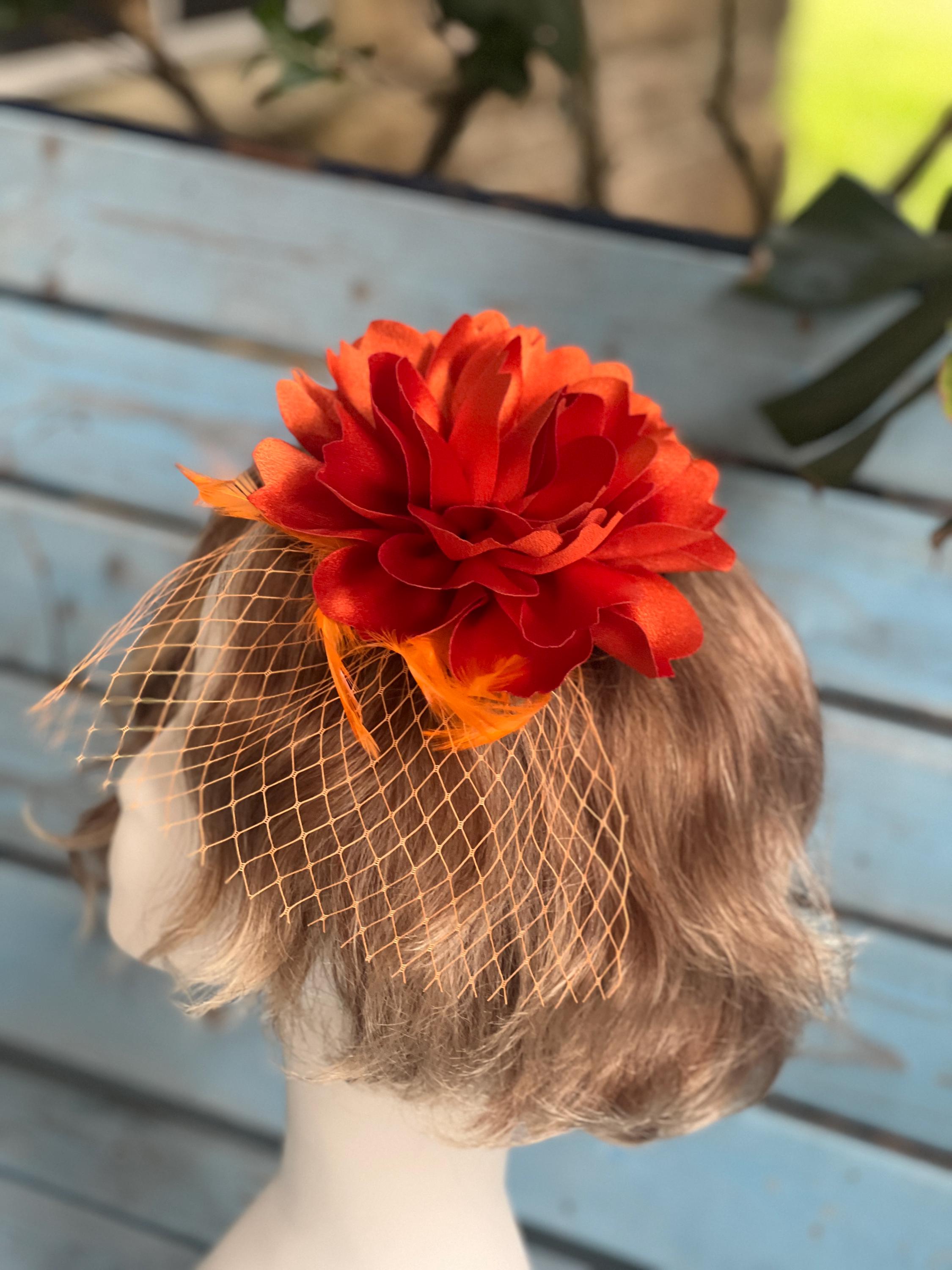 Orange Floral Fascinator: Red Satin Flower, Net Veil  display picture 1